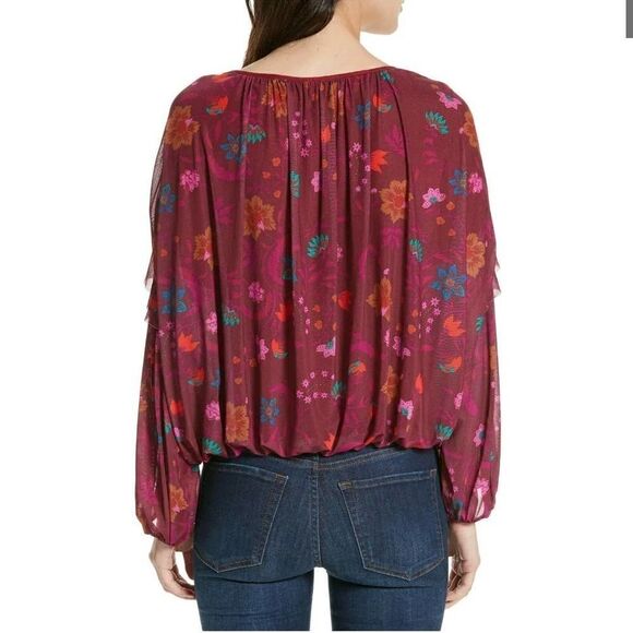 Free People Wildflower Honey Floral Stretch Mesh Blouson Ruffle Top S - Picture 3 of 13